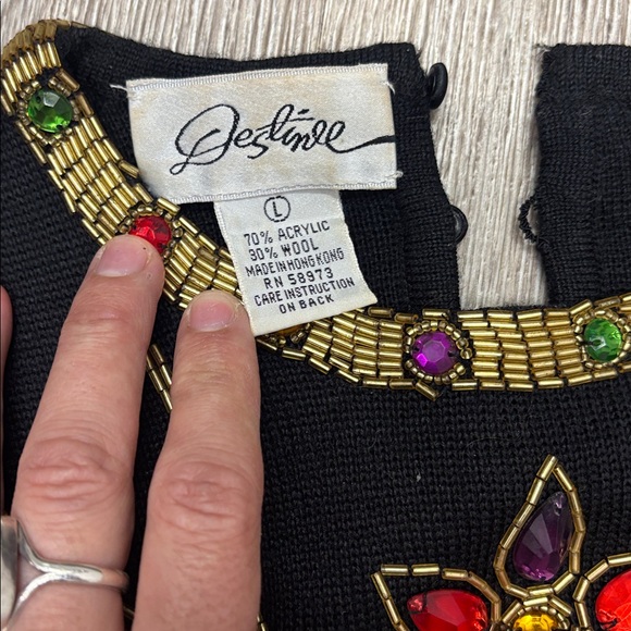 EMBELLISHED VINTAGE Black Sweater with Multicolor Embellishments - Picture 2 of 2